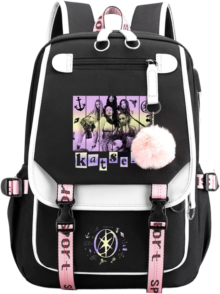 Black backpack with KATSEYE logo and group picture